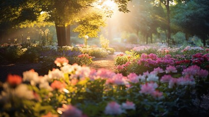 A peaceful botanical garden with a myriad of flowers, their vibrant colors creating a mesmerizing bokeh effect in the soft afternoon light