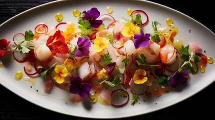 A Peruvian ceviche masterpiece, adorned with vibrant ingredients from the sea and the land, reflecting the country's diverse culinary influences