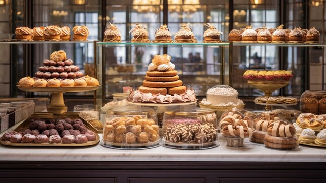 A Parisian patisserie display, showcasing an array of delicate pastries, croissants, and macarons, an epitome of French culinary finesse