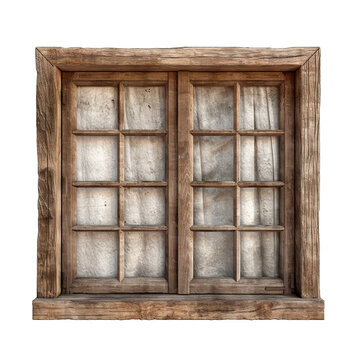 Old wooden window with curtains, cut out