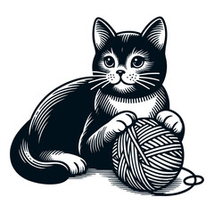 black cat with a yarn ball cute sketch