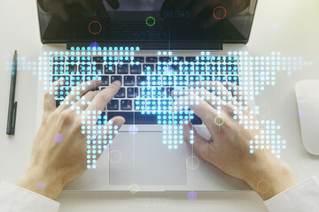 Multi exposure of abstract graphic world map and hands typing on computer keyboard on background, connection and communication concept