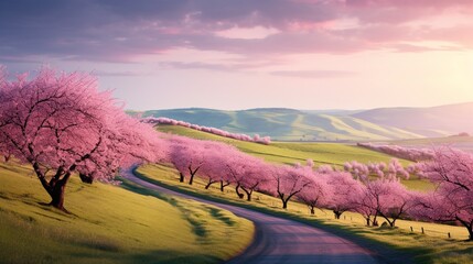 A picturesque countryside road lined with blossoming trees, the winding path fading into a soft...