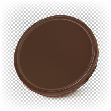 Round dark chocolate. Vector 3D illustration of a flat chocolate coin on a transparent background.