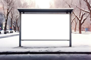 White empty billboard with space for mock up information mounted in winter urban park outside