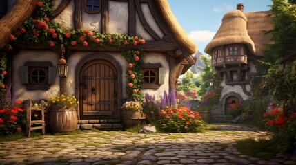 A picturesque cottage with a charming wooden door, framed by a blooming garden in the heart of a medieval village.