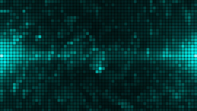 Turquoise mosaic background in technology concept. Abstract green LED squares. Technology digital square turquoise color background. Green pixel grid background. 3D rendering