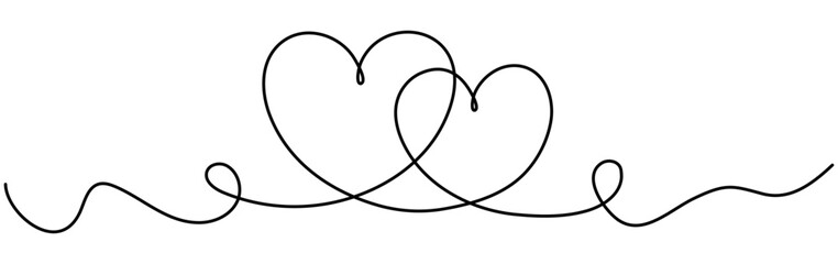 Two hearts continuous line art drawing. Double heart wavy line. Vector hand drawn illustration isolated on white. - obrazy, fototapety, plakaty