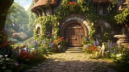 A picturesque cottage with a charming wooden door, framed by a blooming garden in the heart of a medieval village. - obrazy, fototapety, plakaty