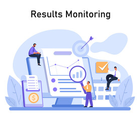 Fototapeta na wymiar Team overseeing performance metrics on large dashboard, magnifying data details and ensuring accurate financial reporting. Results analysis in action. Flat vector.