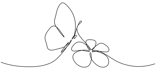 Flower with flying butterfly continuous line art drawing. Plumeria one line symbol. Vector hand drawn illustration isolated on white. - obrazy, fototapety, plakaty