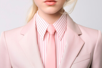 A young woman, Latin, wearing a light pink suit and white lapel shirt, Yankee,