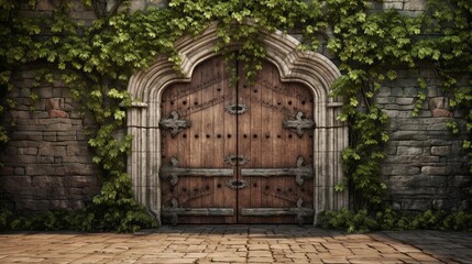 A rustic wooden door set into a ivy-covered stone wall, providing an entrance to a medieval courtyard. - obrazy, fototapety, plakaty