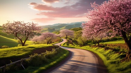 A picturesque countryside road lined with blossoming trees, the winding path fading into a soft blur as it leads toward distant, rolling hills - Powered by Adobe