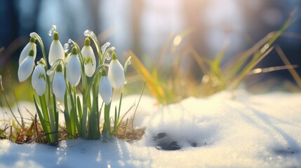 A group of snowdrops are growing out of the snow