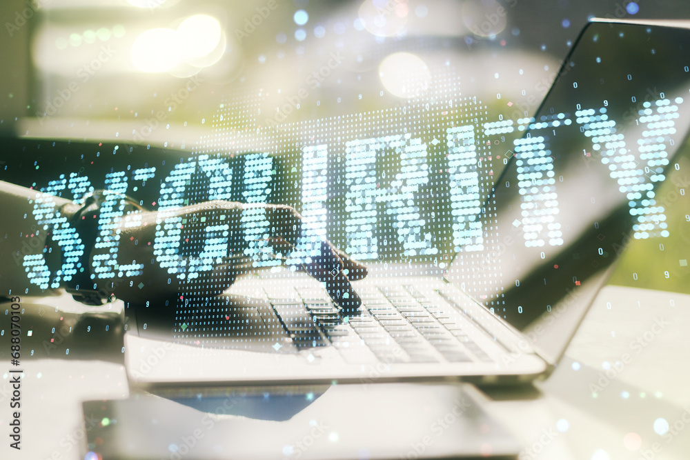 Poster Cyber security creative concept with hands typing on computer keyboard on background. Double exposure