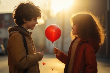 A boy and a girl holding a red balloon