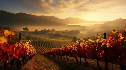 A picturesque vineyard in the midst of autumn, the foliage ablaze with warm colors that create a captivating bokeh against the blurred distant hills