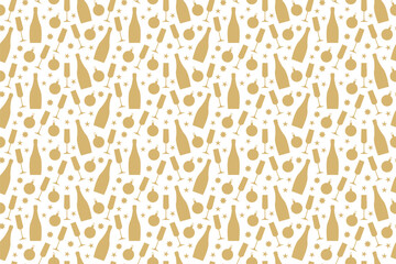 christmas, New Year's Eve, party golden seamless pattern with champagne bottle, glasses, stars and baubles- vector illustration
