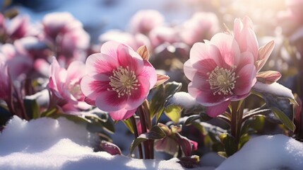 A group of pink flowers covered in snow, beautiful winter hellebores.