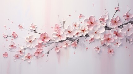 a gentle breeze scatters delicate cherry blossoms, creating a poetic and ephemeral floral art piece on a pure white backdrop. - obrazy, fototapety, plakaty