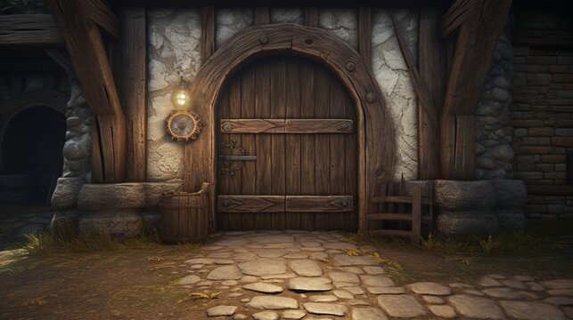 A small, arched wooden door tucked beneath a thatched roof, leading into a medieval blacksmith's workshop.