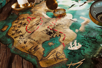 Vintage Nautical Treasure Map with Compass and Ancient Coins on Wood - obrazy, fototapety, plakaty