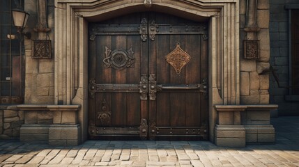 A stout wooden door with a iron knocker, set within the walls of a medieval town, surrounded by...