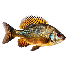 side view of Bluegill fish swimming isolated on a white transparent background 