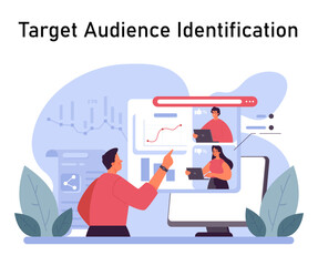 Target Audience Identification concept. Marketers collaborate on digital analysis to define the ideal customer profile, enhancing strategic focus. User demographics analysis. Flat vector illustration