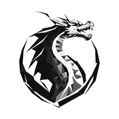 A low-poly vector flying dragon. A black and white polygonal dragon. The symbol 2024 is an illustration of a geometric dragon.