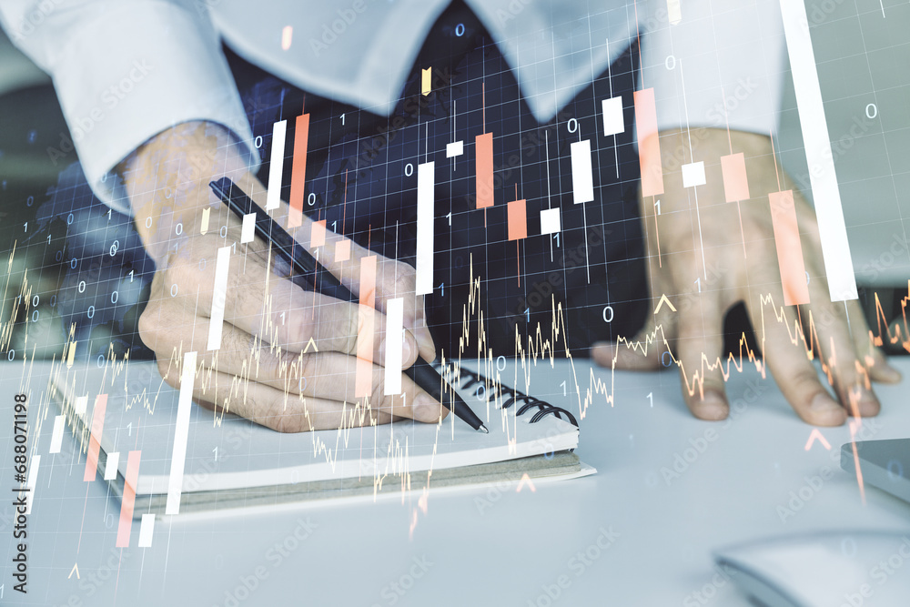 Poster multi exposure of abstract creative financial graph with world map and with hand writing in notebook