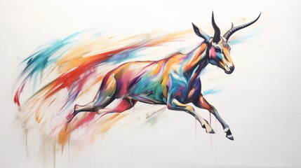 a graceful and colorful interpretation of a leaping gazelle, its elegant posture and swift movements captured in vibrant strokes on a clean white surface, symbolizing grace and agility.