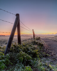 Fence and path in Westerland (Netherlands) during a cold December morning. The grass, footpath, and...