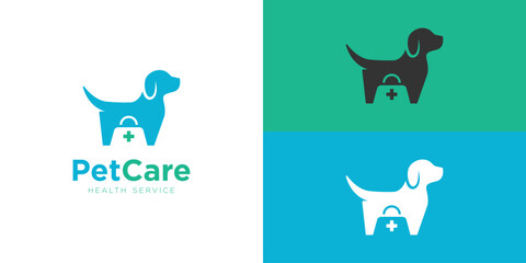 Dog Logo Design. Pet Care Dog and Negative Space Doctor Bag with Minimalist Style Logo Icon Symbol Vector Illustration.