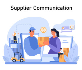 Supplier Communication concept. Seamless interaction in the supply chain captured as a courier hands over a package to a businesswoman, with digital finance icons symbolizing transaction efficiency.