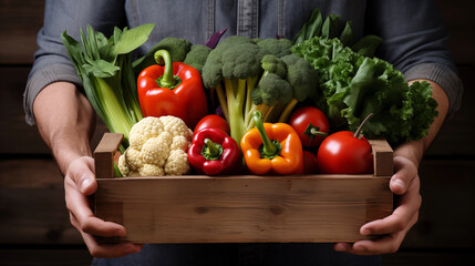 A man holds a box of fresh vegetables from the garden. Buying or selling fresh vegetables. AI generative.