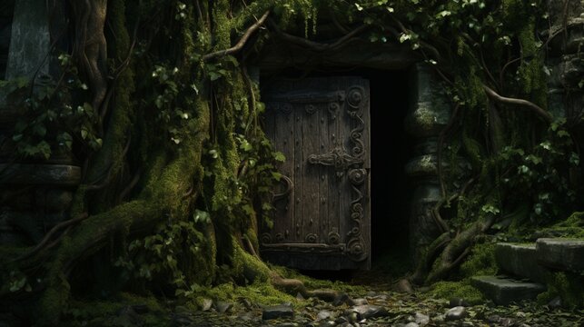 A weathered wooden door partially overgrown with ivy, offering a glimpse into the forgotten chambers of a medieval ruin.