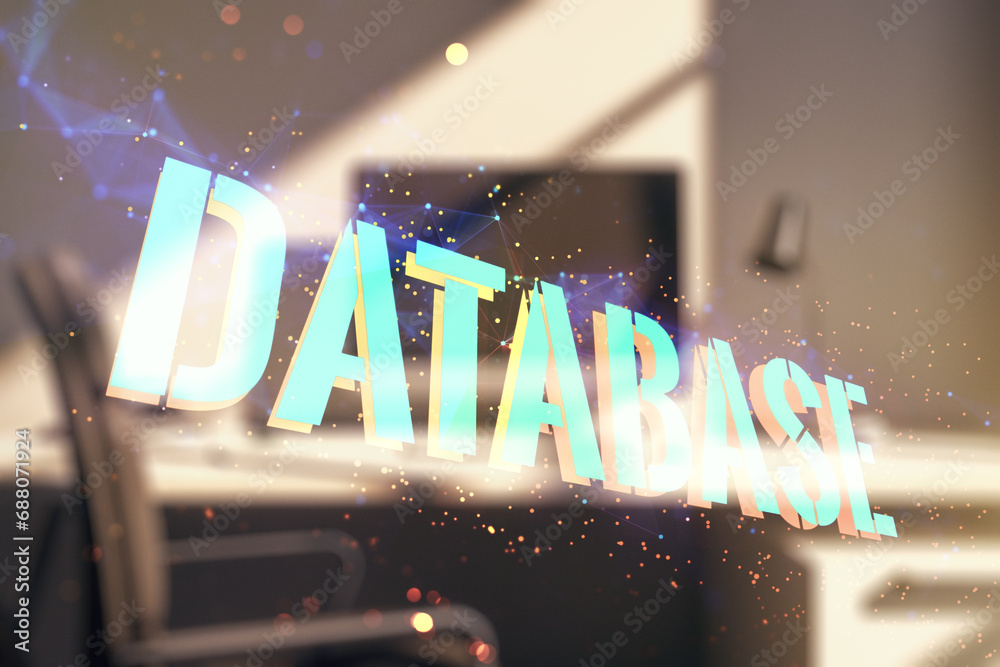 Leinwandbilder Double exposure of Database word sign and modern desktop with computer on background, global research and analytics concept