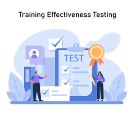 Trainers evaluate upskilling results with a test. Focused on ensuring trainee expertise, the scene highlights exam success and the pursuit of excellence. Benchmarking training outcomes. Flat vector.