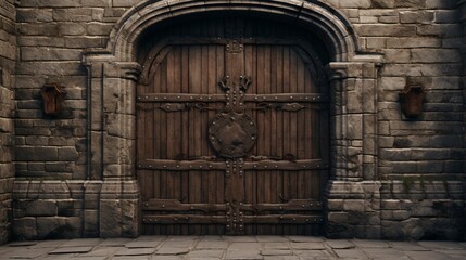 A weathered wooden door with intricate ironwork, standing sentinel in the stone walls of a medieval castle.