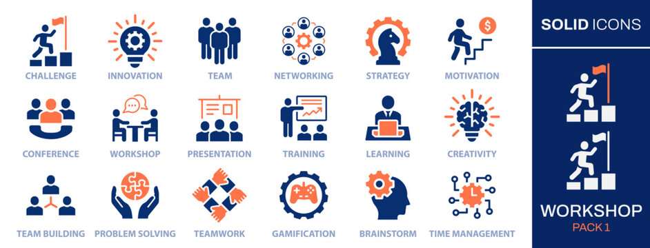 Workshop icon set. Collection of meeting, teamwork, seminar, team building and more. Vector illustration. Easily changes to any color.