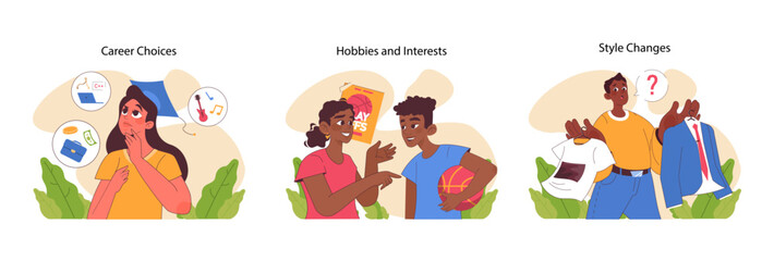 Adolescent Development set. Young individuals exploring career paths, leisure activities, and personal style. Decision-making in life stages. Flat vector illustration