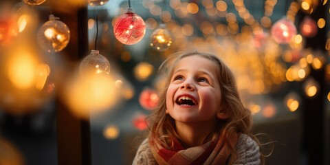 little girl with christmas lights enjoying the holidays