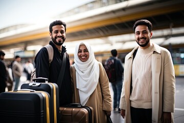 A family of arabian refugee, at the airport terminal with luggage, ready for their journey. - obrazy, fototapety, plakaty