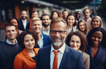 Diverse and successful business team in a modern office, showcasing teamwork, leadership, and positive collaboration.