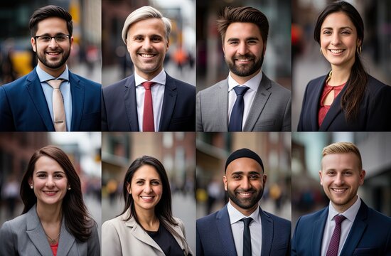 Happy and successful business professionals, diverse in leadership, teamwork, and positive expressions.