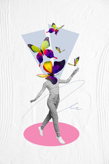 Vertical surreal creative photo collage of headless woman female go walk with butterflies instead of head dreamy spring inspiration concept on drawing background