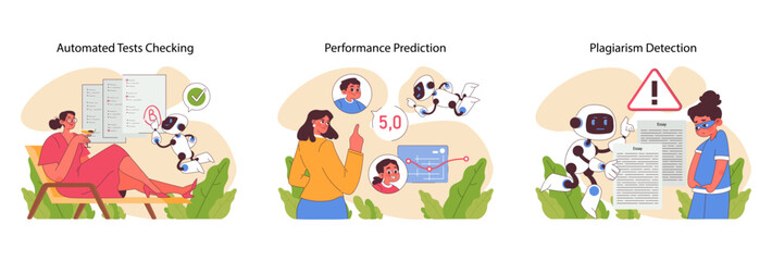 AI in education illustration. Streamlining assessment with automated test checking. Predicting student performance. Ensuring originality through plagiarism detection. Flat vector illustration