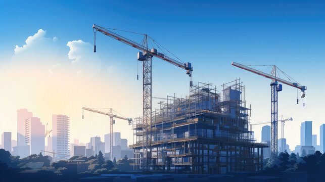 Generate a thumbnail image for the Architecture, Engineering, and Construction category that features a modern skyscraper under construction, with cranes and scaffolding visible.